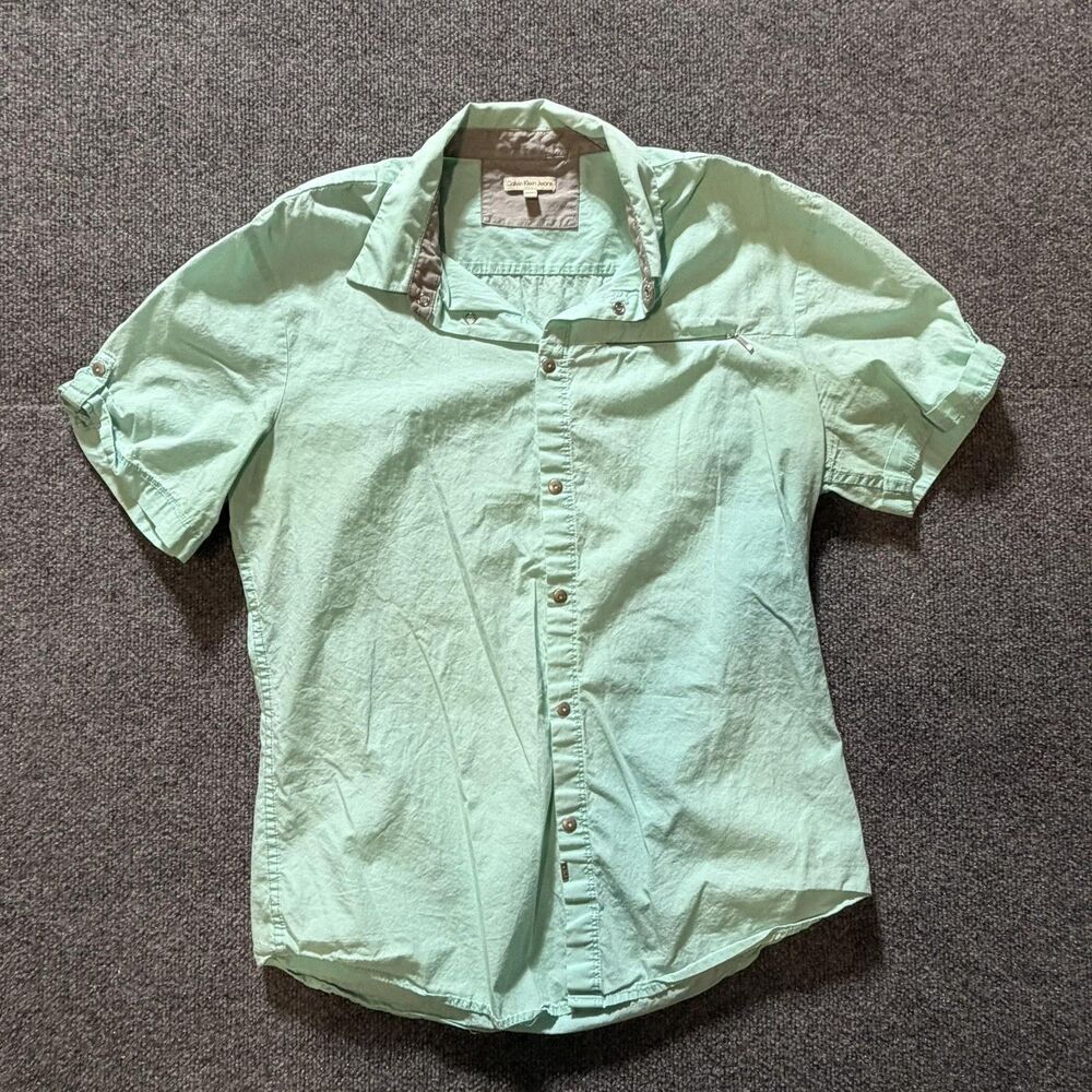 Calvin Klein Jeans Shirt Womens Large Green Short Sleeve Button Front Collared